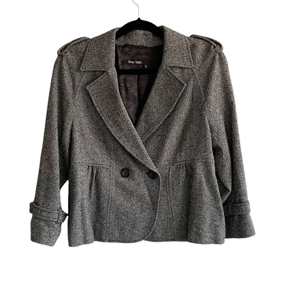 MARC AUREL Black White Herringbone Wool Blazer Jacket Size 38